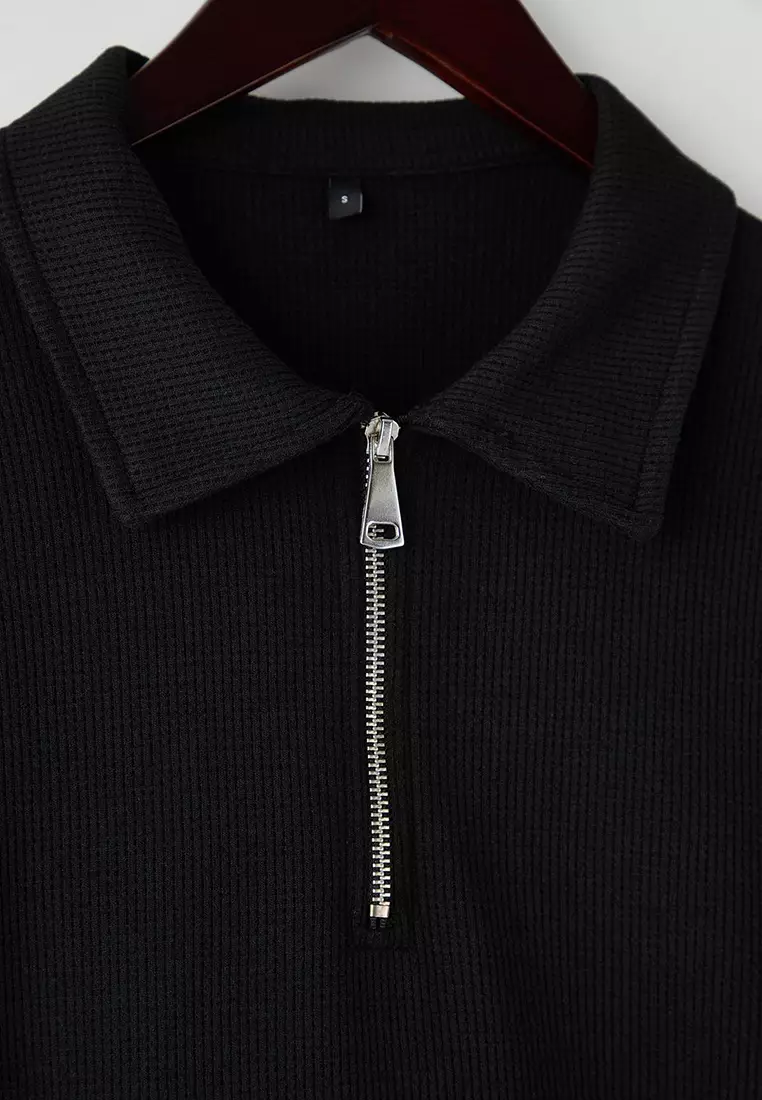 Black Oversize Polo Neck Plain Polo Neck T-Shirt/Sweatshirt