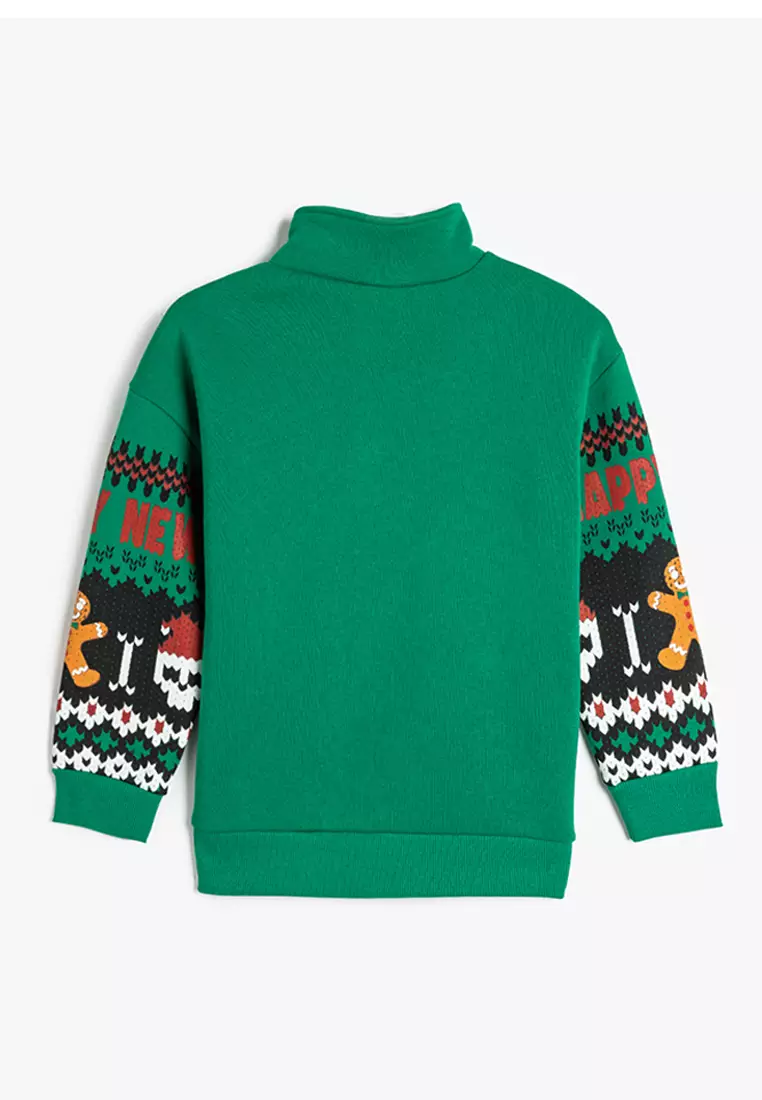 Stand Collar Half Zipper Skull Printed Raised Sweatshirt