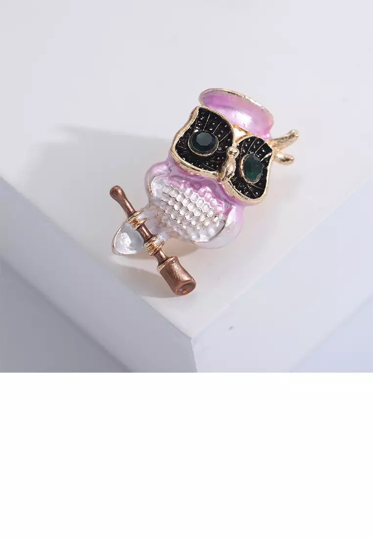 Simple and Lovely Plated Gold Enamel Pink Owl Brooch with Cubic Zirconia