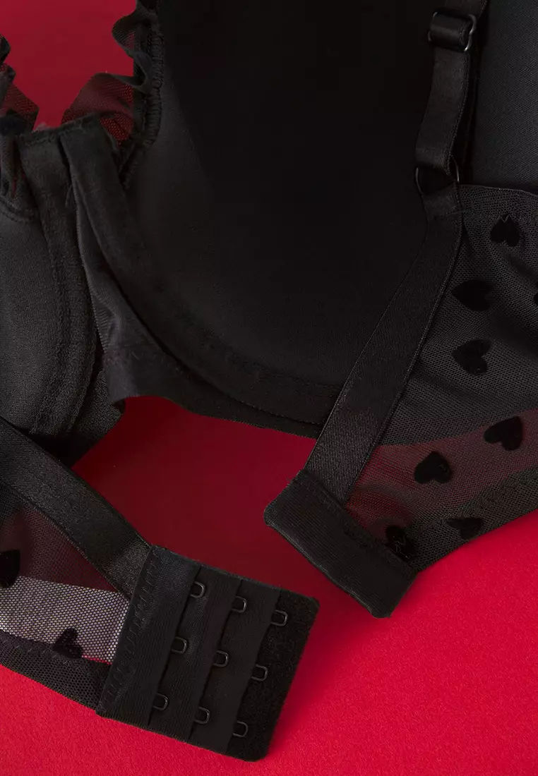 Black Flock Printed Heart Fixed Cup Adjustable Straps Plus Size Bra TBBSS25CW00011