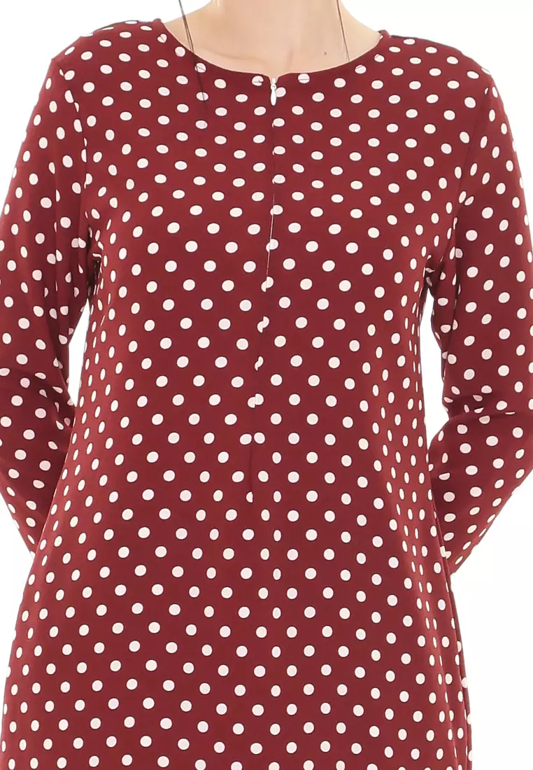Rina Polka Dot Printed Kurung Basic Modern in Maroon Red