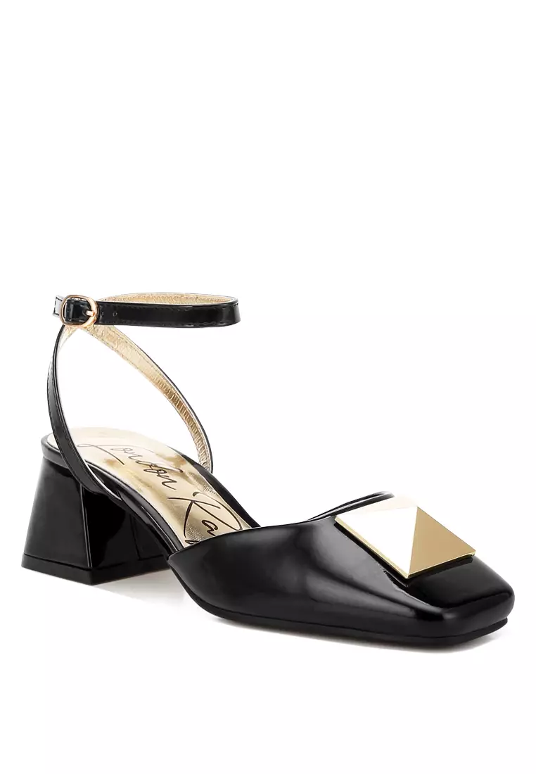 Brooch Detail Ankle Strap Sandals in Black