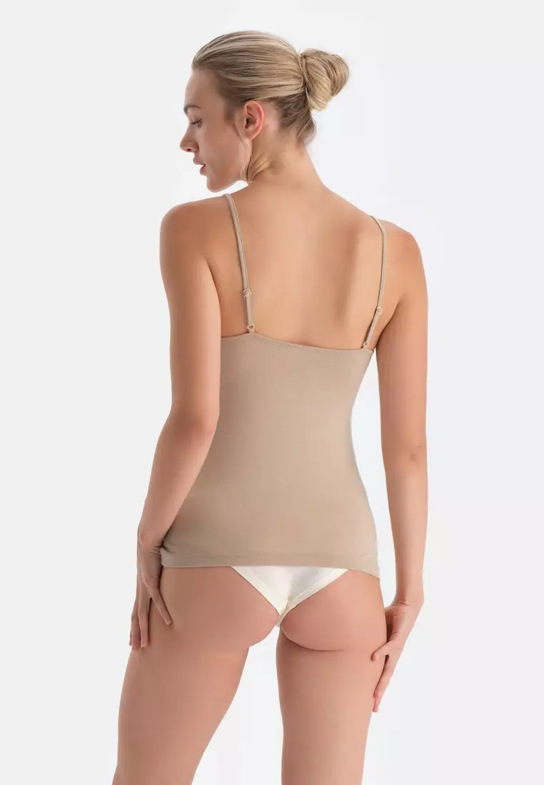 Light Brown Basic Tanktop, U-Neck, Regular Fit, Strappy Underwear for Women