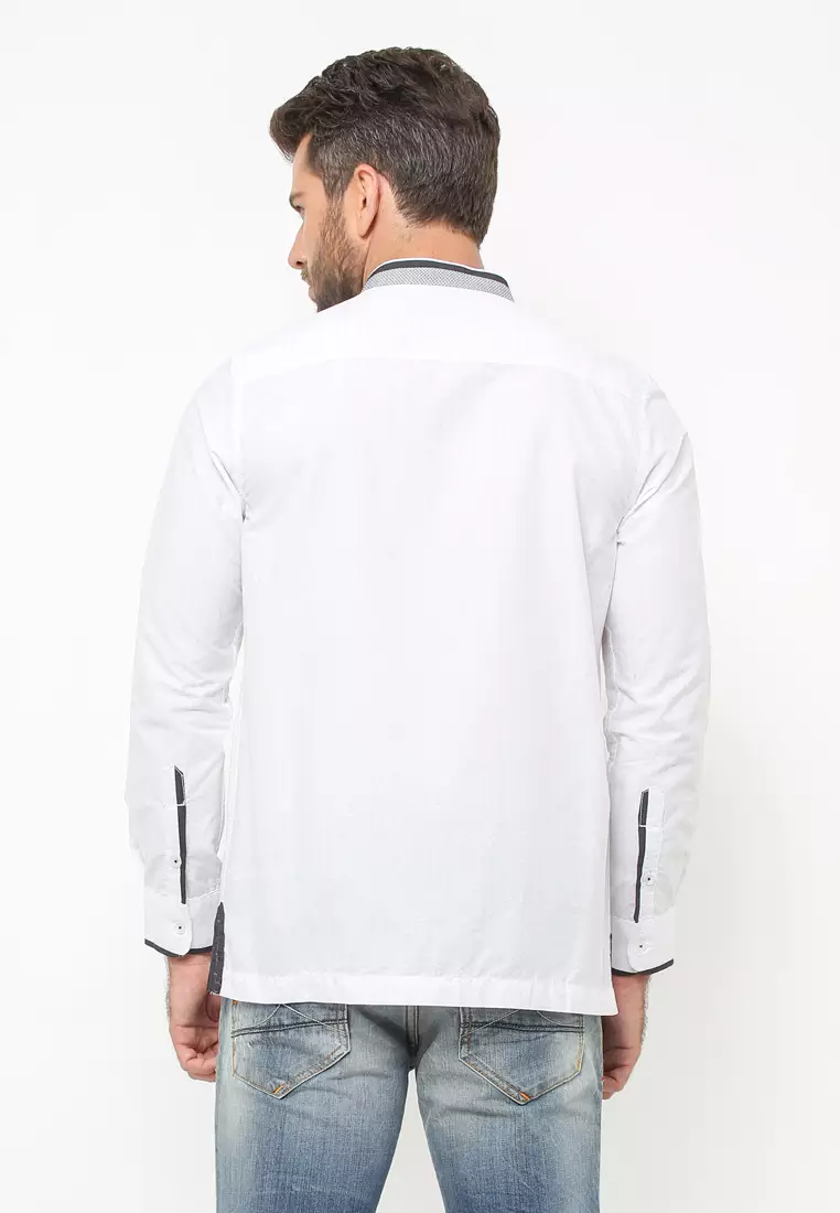 LGS - Baju Koko - Lengan Panjang - Motif Bordir Garis - Putih