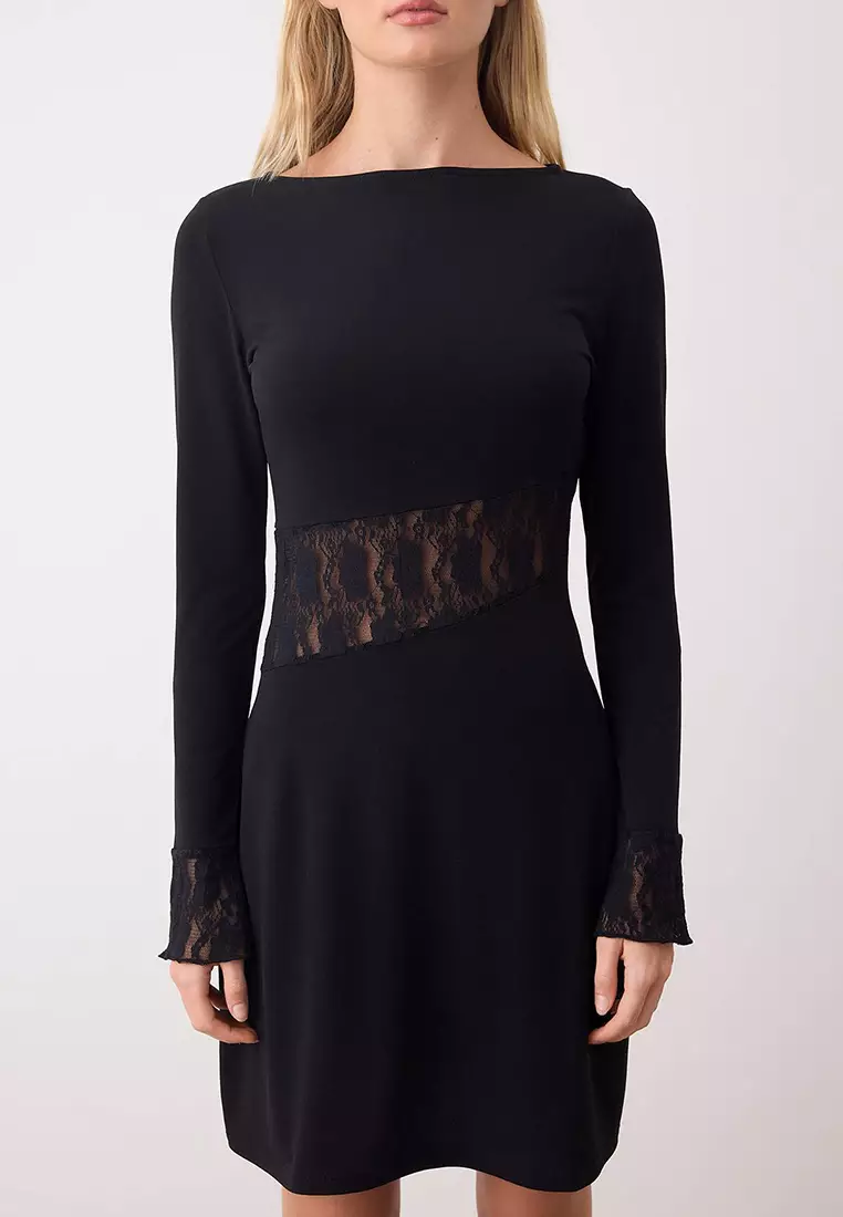 Black Lace Detailed Long Sleeve Short/Mini Flexible Knit Dress