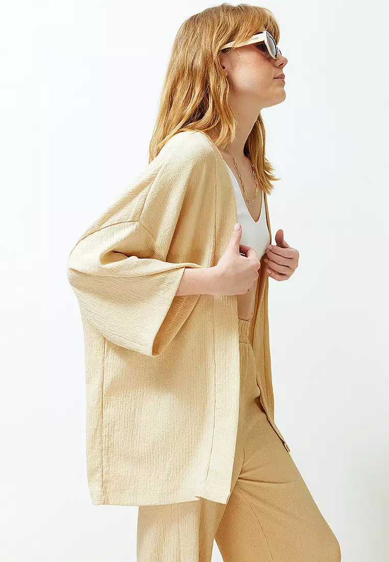 Stone Relaxed/Comfortable Cut Knitted Kimona Trousers Top-Bottom Set