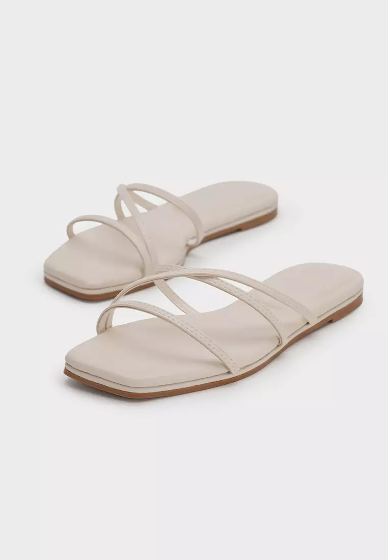 CLOUDFOAM CUSHIONED SQUARE TOE STRAPPY FLAT SLIDES