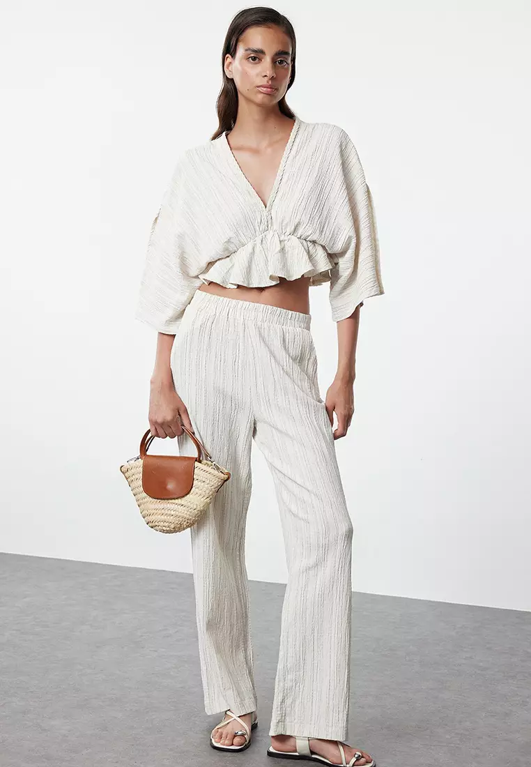 Elastic Waist Textured Pants