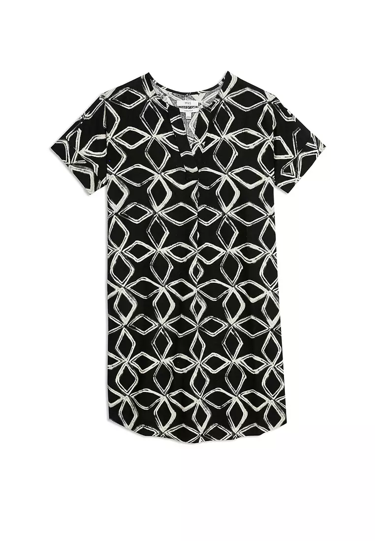 Linen Rich Printed V-Neck Shift Dress