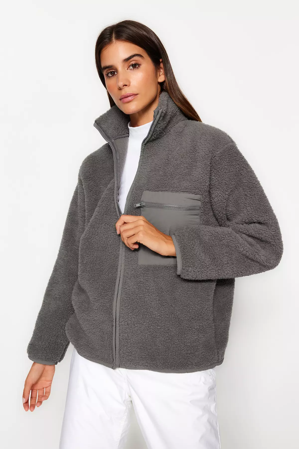 Winter Essentials Anthracite Thick Fleece Zippered Stand Collar Pocket Knitted Sweatshirt Twoaw24Sw71