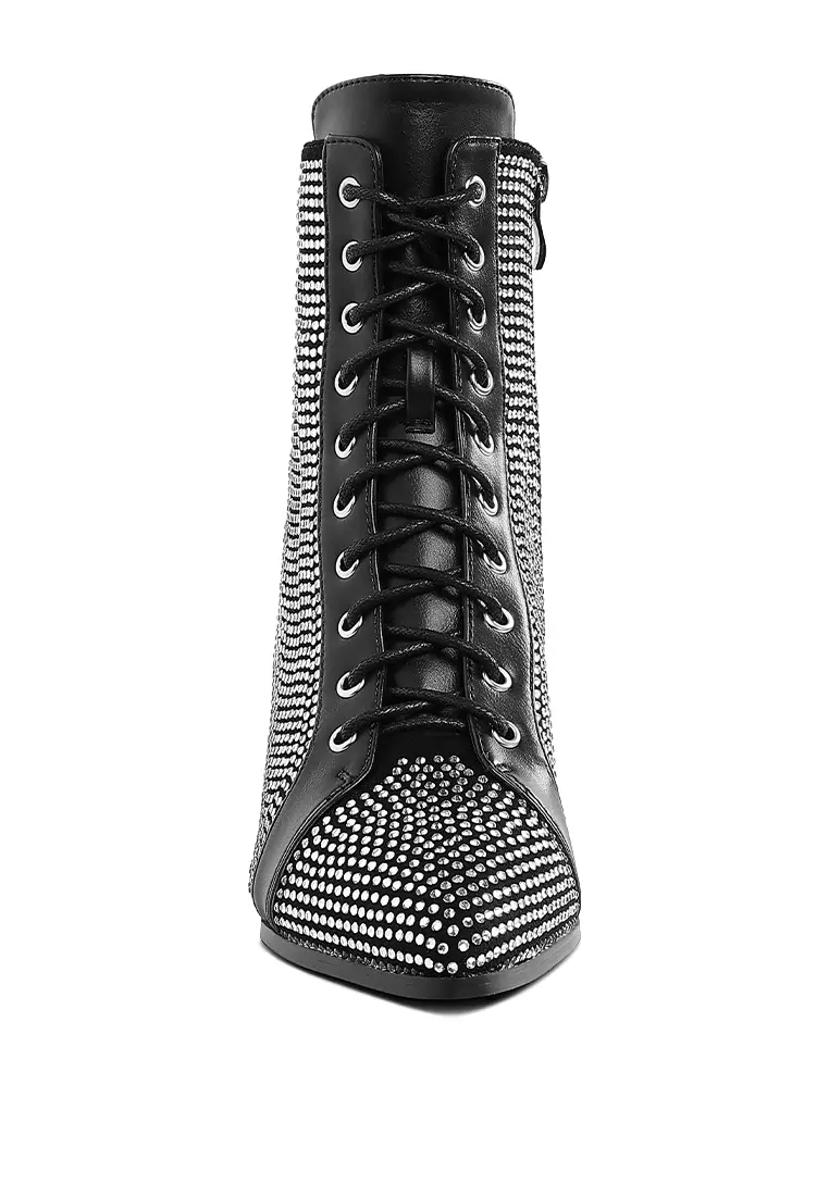 Sepatu Bot Pergelangan Kaki Berhias Berlian Imitasi Warna Hitam