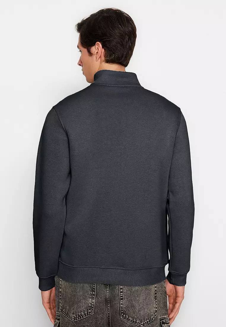 Anthracite Regular/Normal Cut Stand Collar Zippered Warm Basic Sweatshirt TMNAW24SW00041