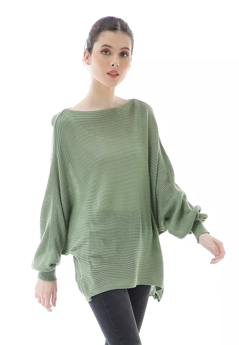 Eveline Sweater Rajut Batwing Atasan Wanita Motif Polos High Quality - Hijau Mint