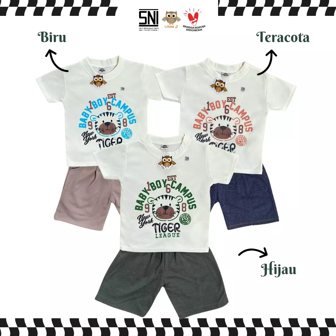 Little J - (1721 ARMY) Setelan Anak Laki-Laki Baby Boy Campus Tiger  Baju Anak Cowok Set Kaos + Celana Pendek Size 12-36 Bulan