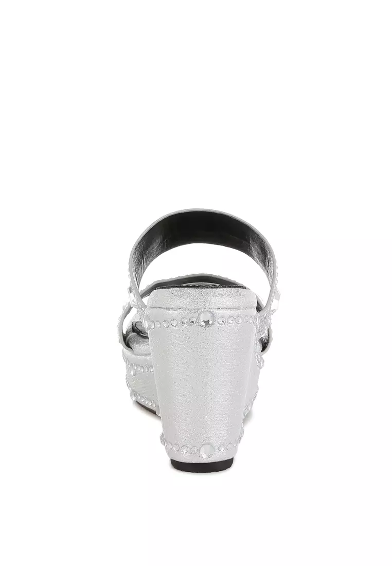 Rhinestone & Diamante Wedge Sandals in Silver