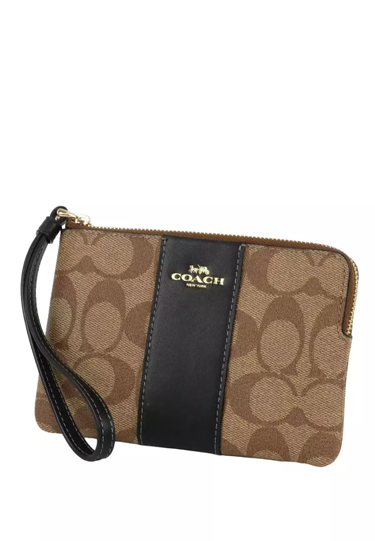 Corner Zip Wristlet in Signature Canvas - Khaki/Black
