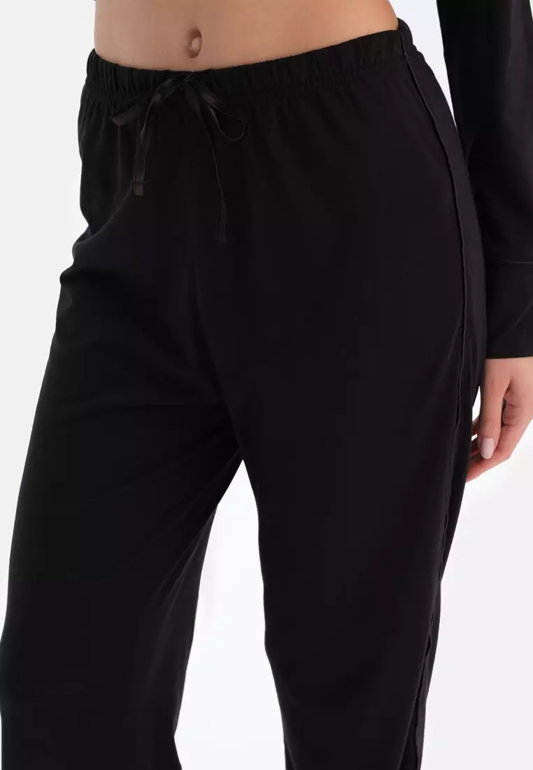 Black Shirt & Trousers Set, Regular Fit, Long Sleeve Sleepwear for Women