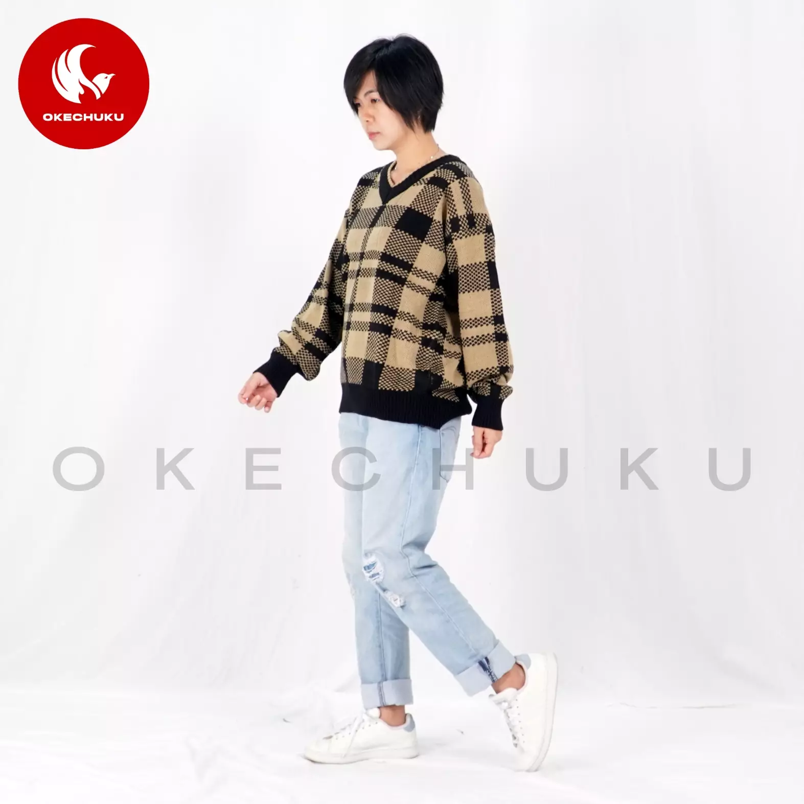  KINAN Knit Sweater Rajut Unisex V Neck Sweater Pria Wanita - Hitam