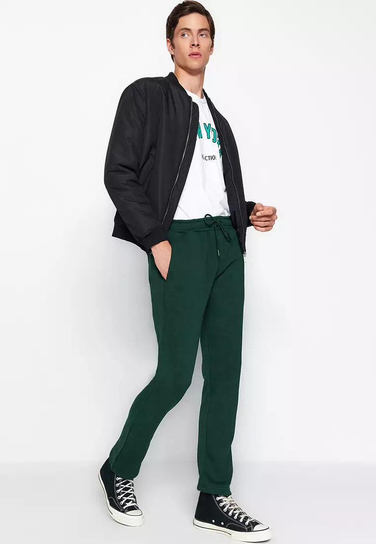 Green Regular Cut Cotton Open Leg Sweatpants