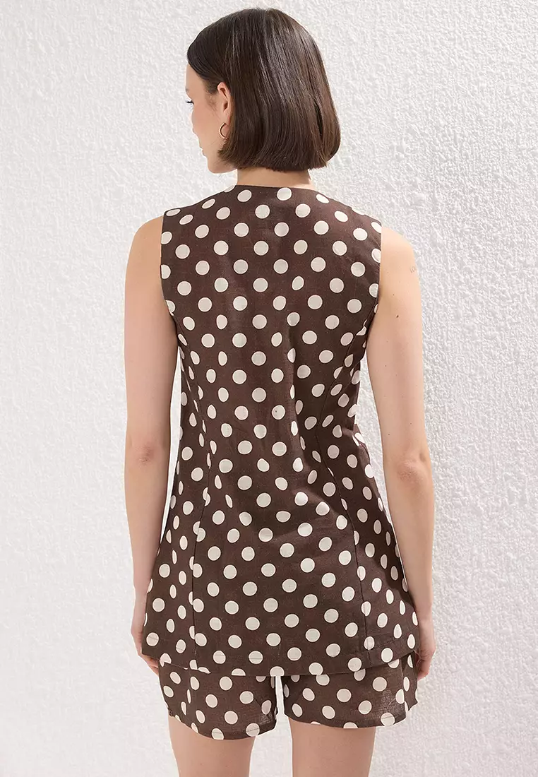 Dark Brown Linen Look V-Neck Vest and Shorts Woven Double Bottom-Top Set TWOSS25AU00094