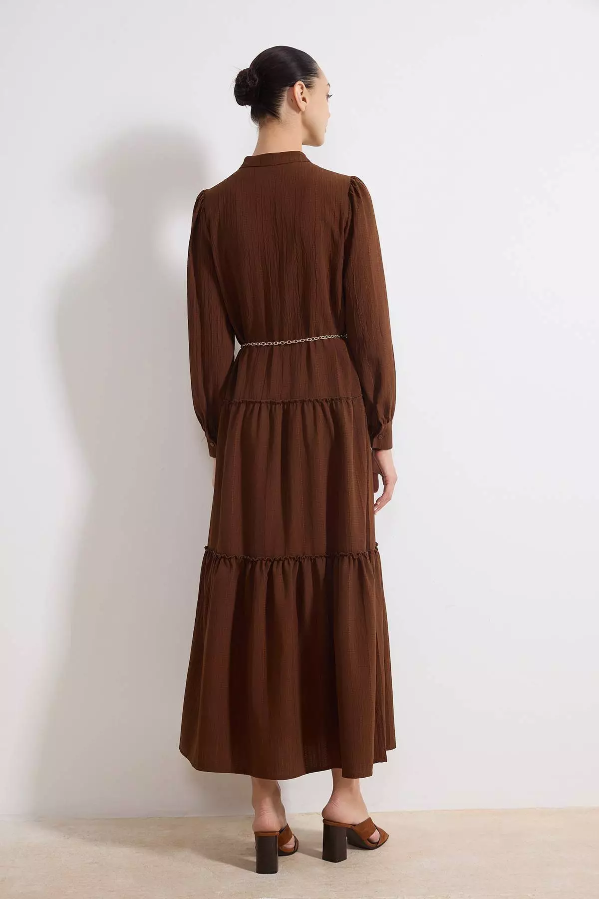 Brown Textured Fabric Chain Belt Detailed Woven Dress Tctss26Eb00034