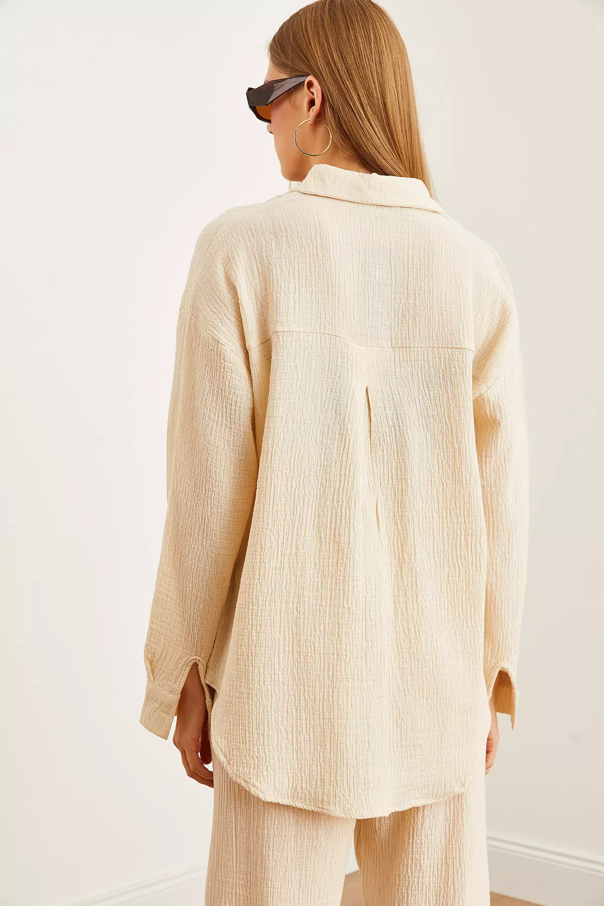 Oversize Stone Colored Women's Muslin Shirt - Gml- 19001217