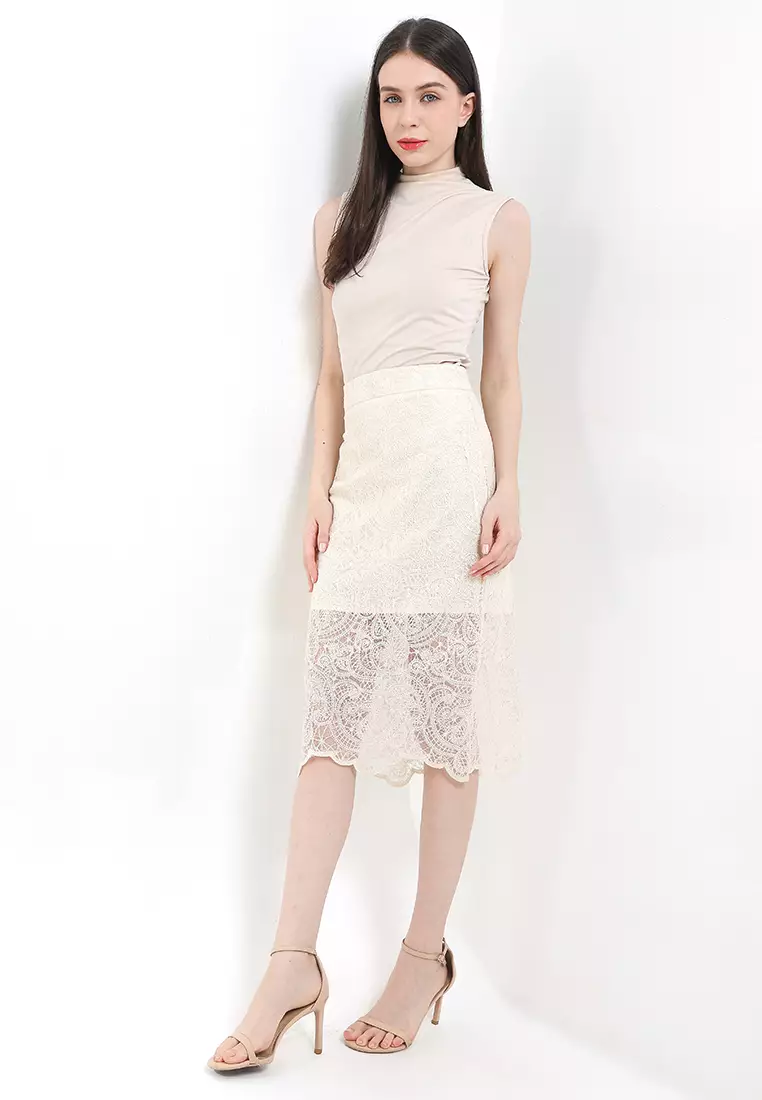 Sequined Lace Midi Pencil Skirt W/ Slit