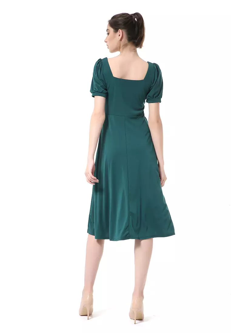 Rachel Long Dress Wanita Lengan Pendek Motif Polos Material Cotton ORIGINAL - Green