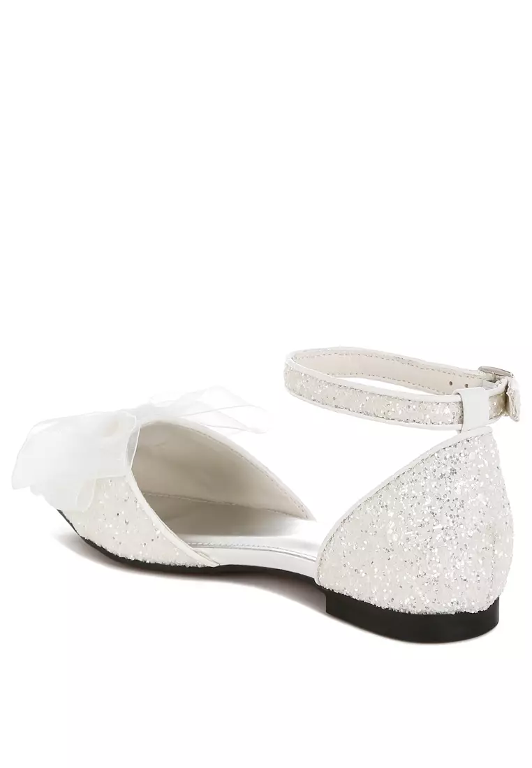 Sheer Bow Detail Glitter Flat Sandals in White