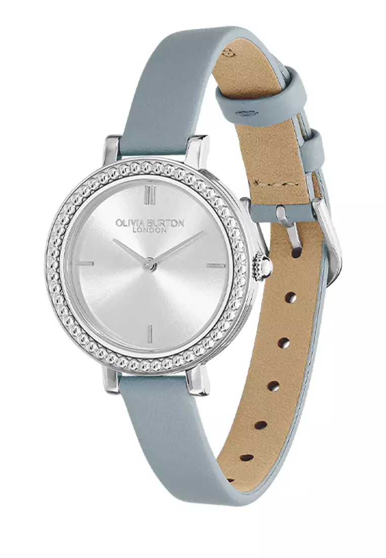 Olivia Burton 30mm Vintage Bead Silver White & Chalk Blue Leather Strap Watch - 24000163