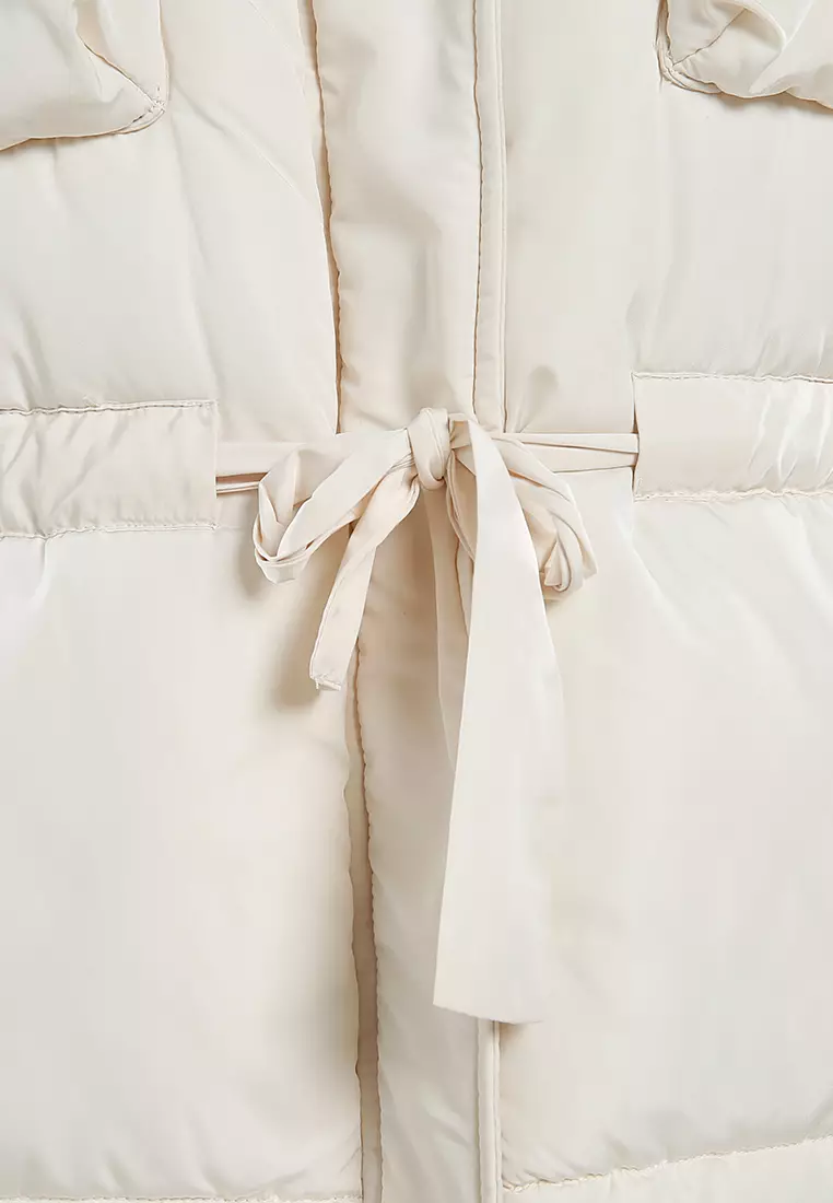 Cream Long Puffer Jacket Hoodie