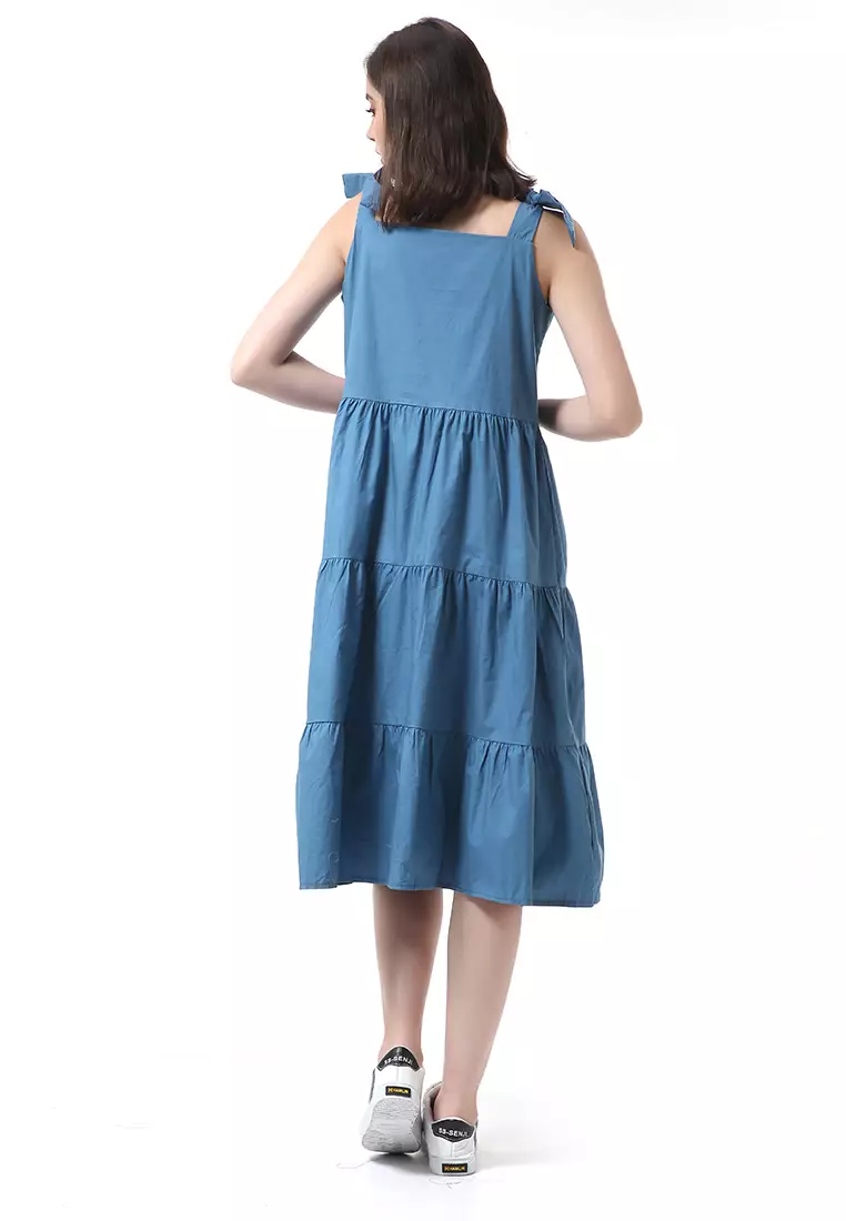 Rachel Dress Ruffle Wanita Tanpa Lengan Full Kancing Stylish Material Cotton ORIGINAL - Blue