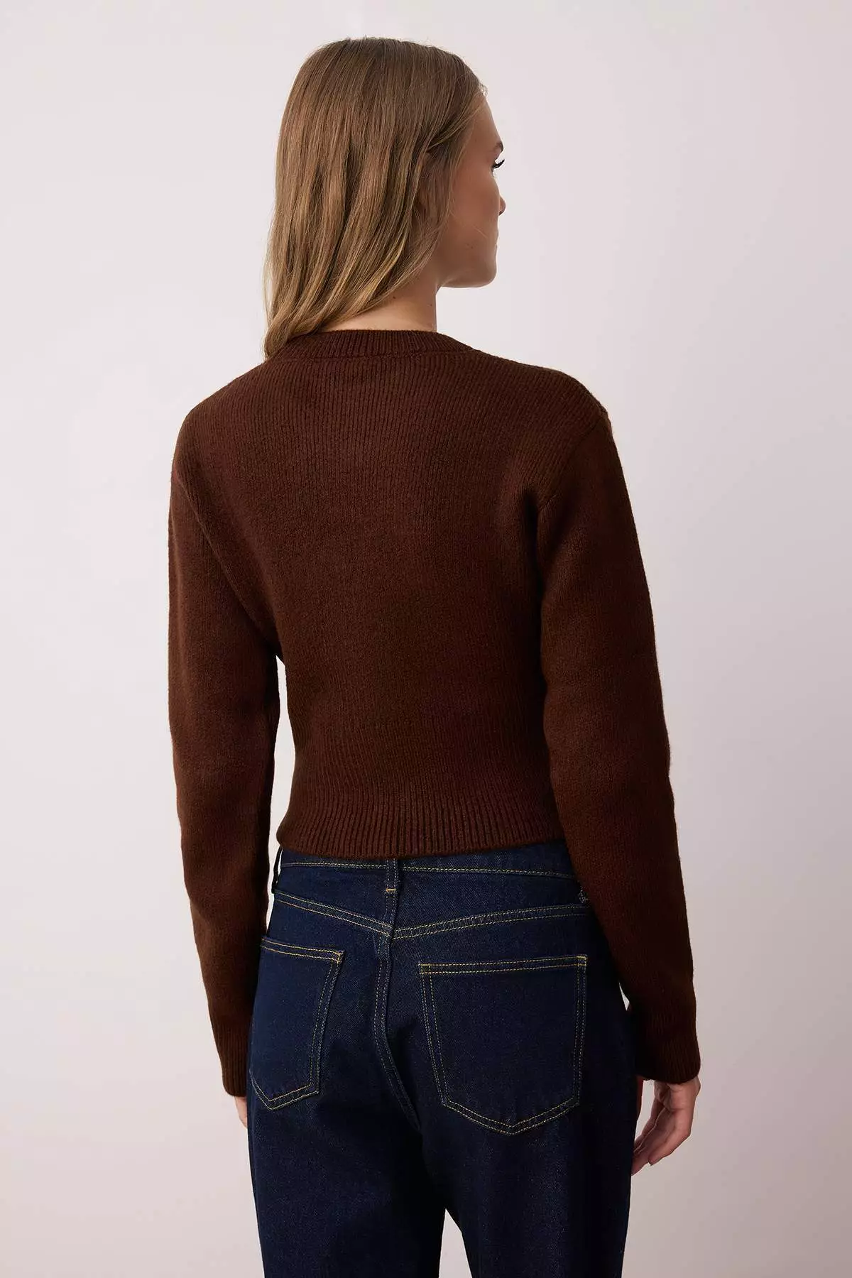 Brown Soft Textured Corset Zipper Detailed Knitwear Sweater