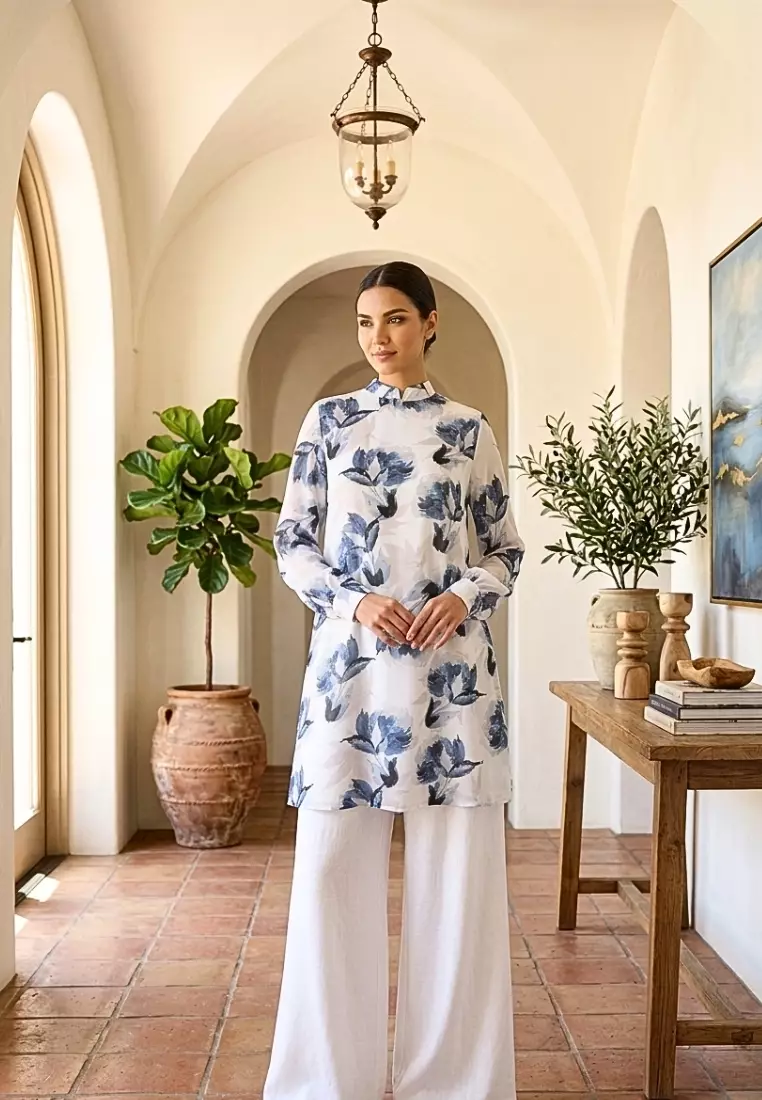 Floral Tunik Sifon With Long Sleeve In White By Brilliant girl Warna PUTIH