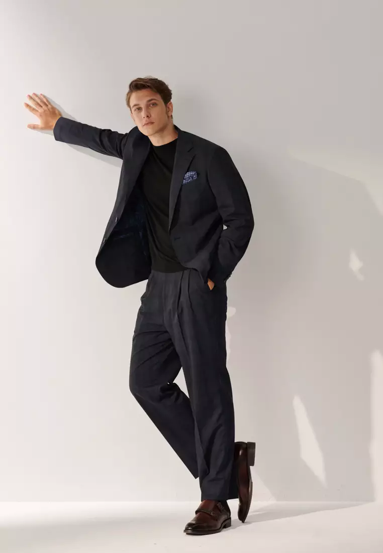 經典款海軍藍格紋寬鬆西裝褲