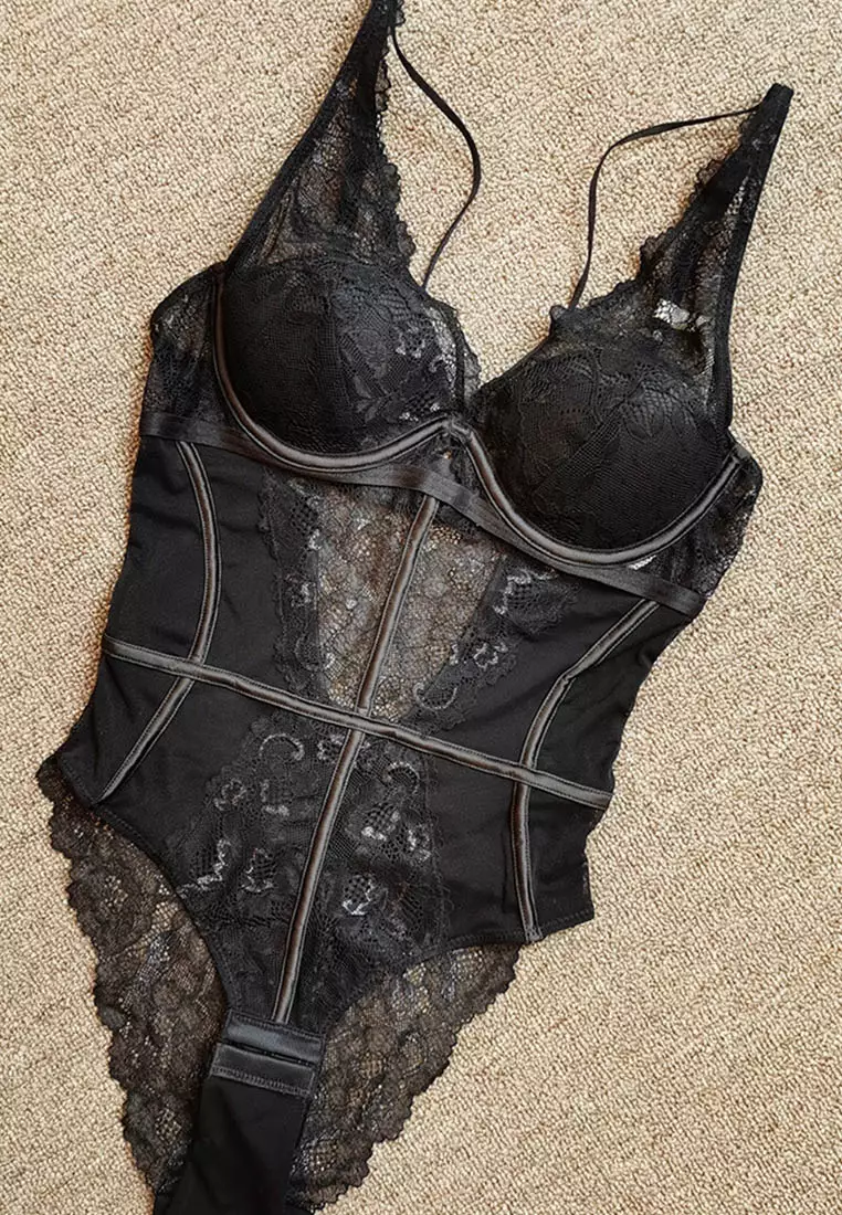 Lace Slim Cut One-Piece Teddy with Bra CA123101BK