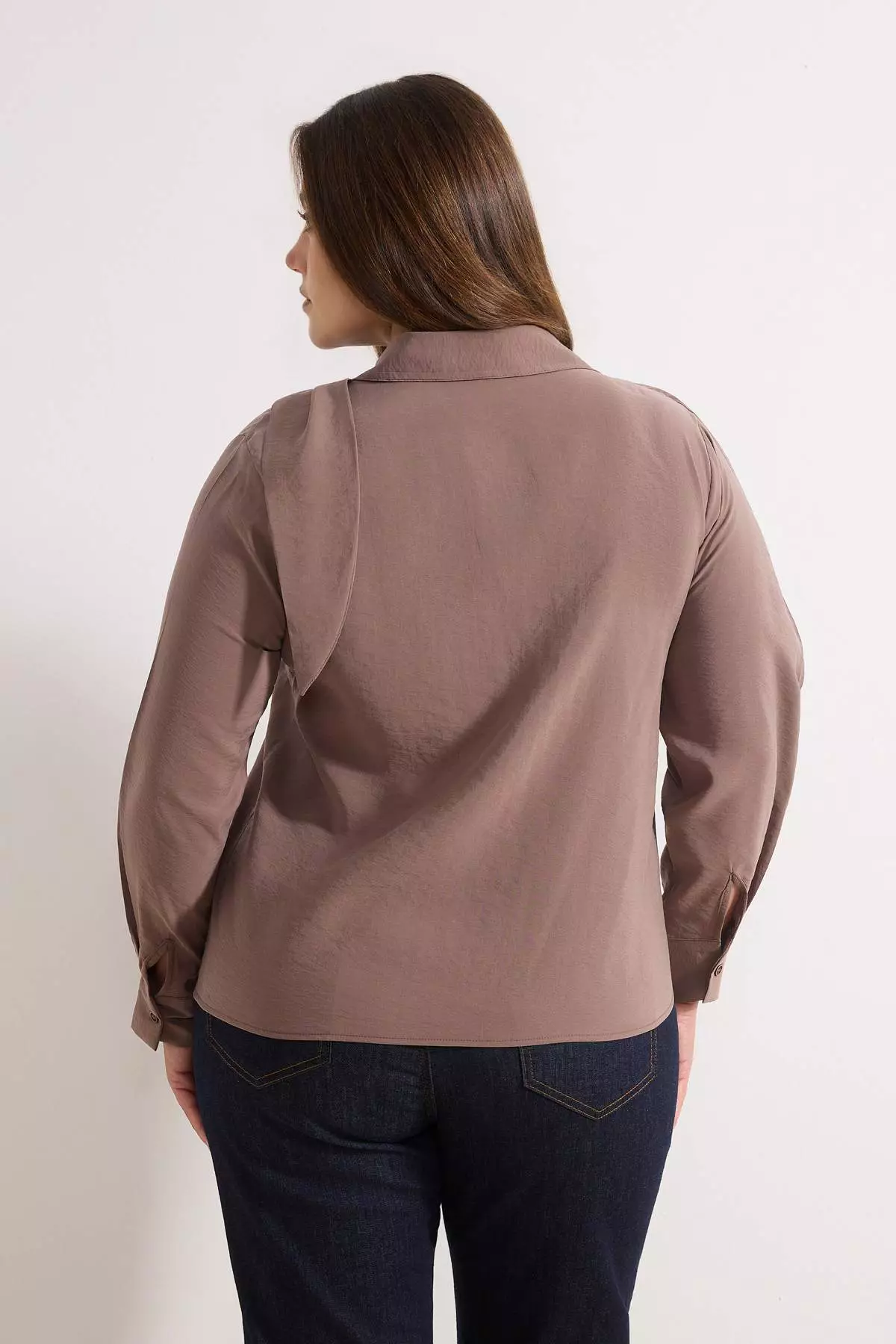 Mink Modal Long Sleeve Shawl Detail V-Neck Plus Size Blouse Tbbss26Ax00007