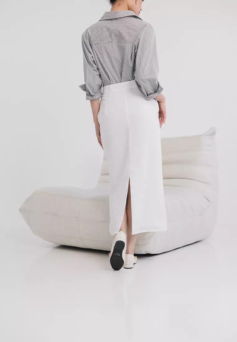 Back Slit Midi Skirt in White