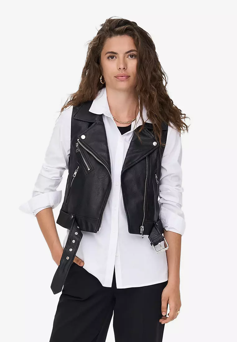 French connection women's asymmetrical hem top coat with faux leather contrast