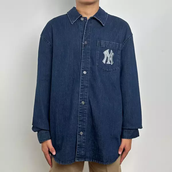 Kemeja MLB NY MONOGRAM WHITE BACK BLUE DENIM LONG SHIRT 100% ORIGINAL