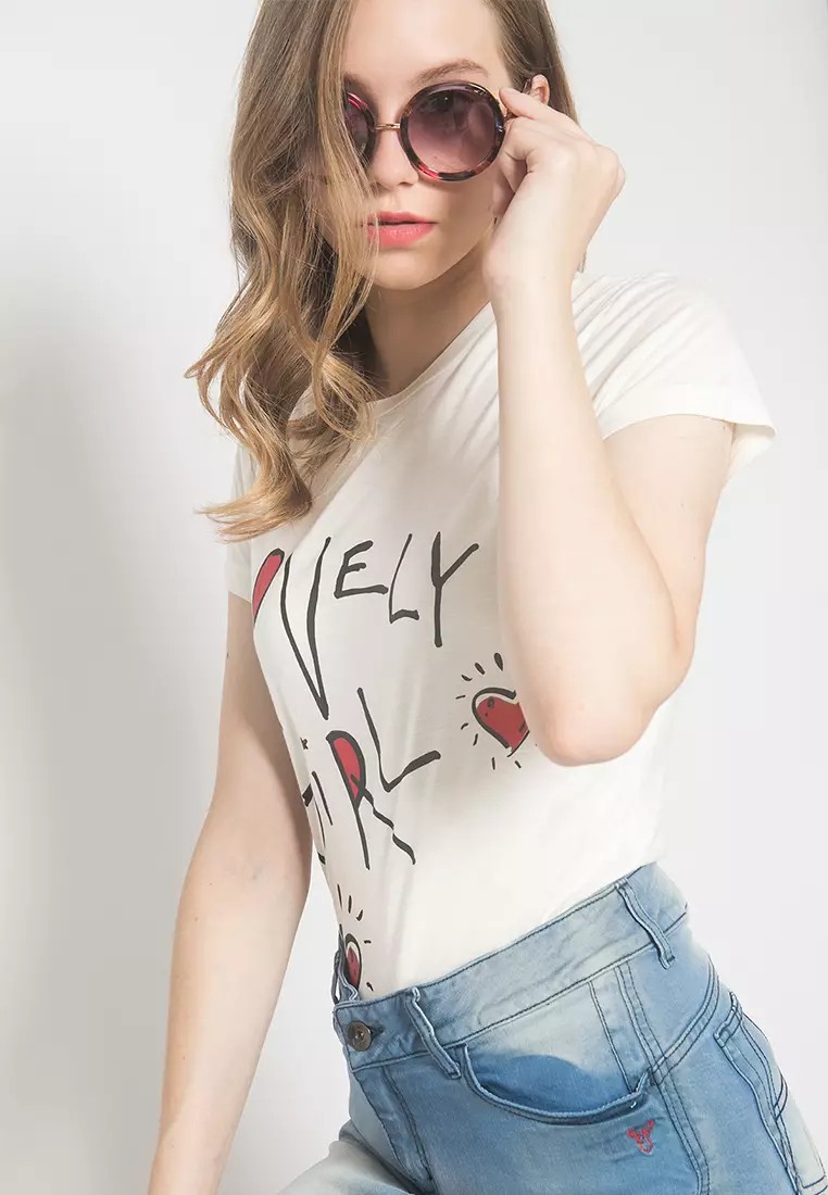 LGS - Kaos Wanita - Sablon Tulisan - Putih - Slim Fit - LTS.555.Q1069.019.C