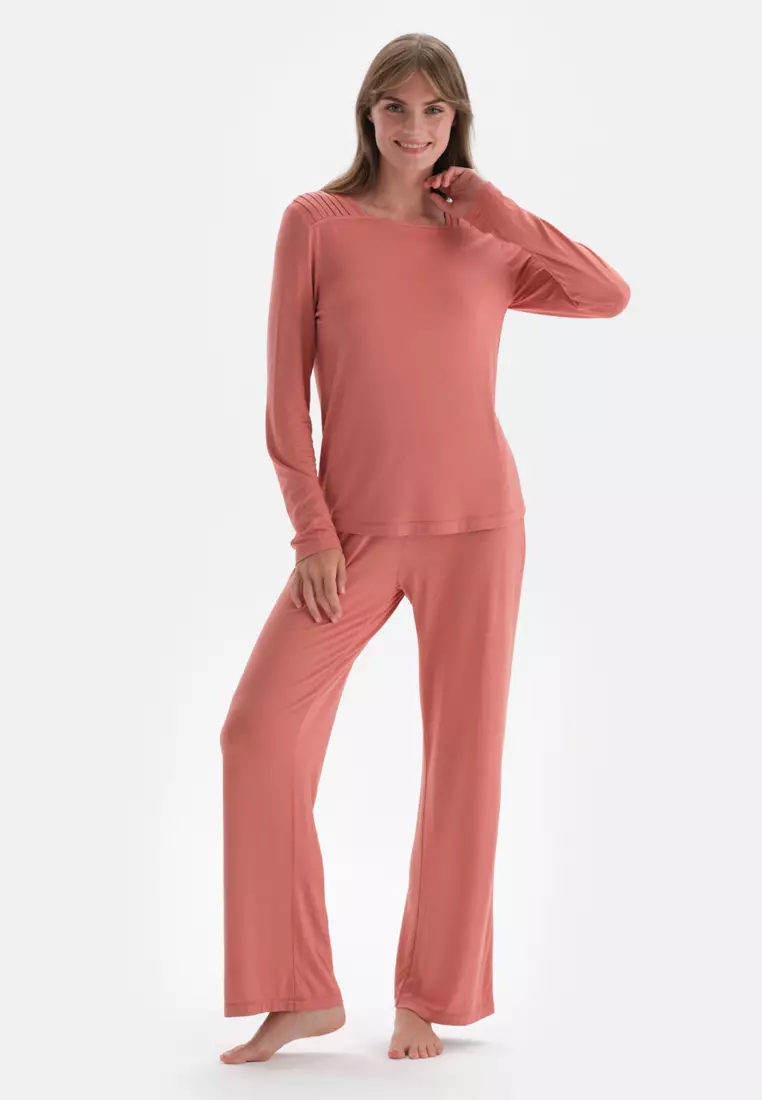 Terracotta T-Shirt & Trousers Knitwear Set, Boat Neck, Regular Fit, Long Leg, Long Sleeve Sleepwear for Women