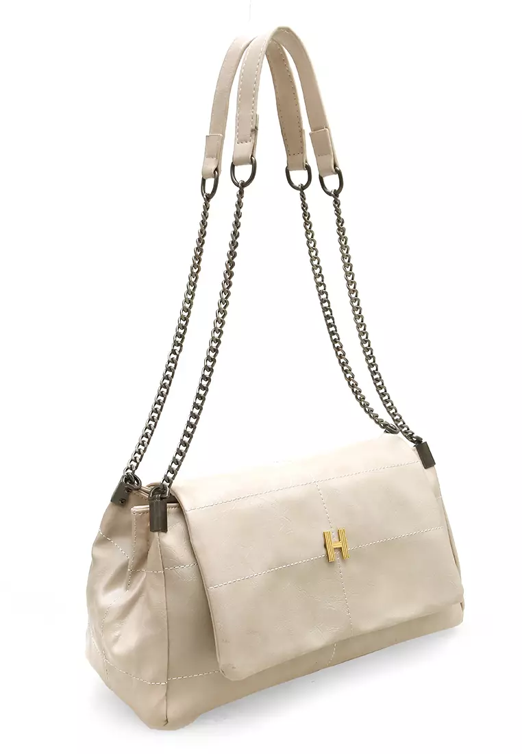 Eilaria Tas Kerja Wanita Shoulder Bag Tali Rantai Large Compartment Material Leather ORIGINAL - Beige