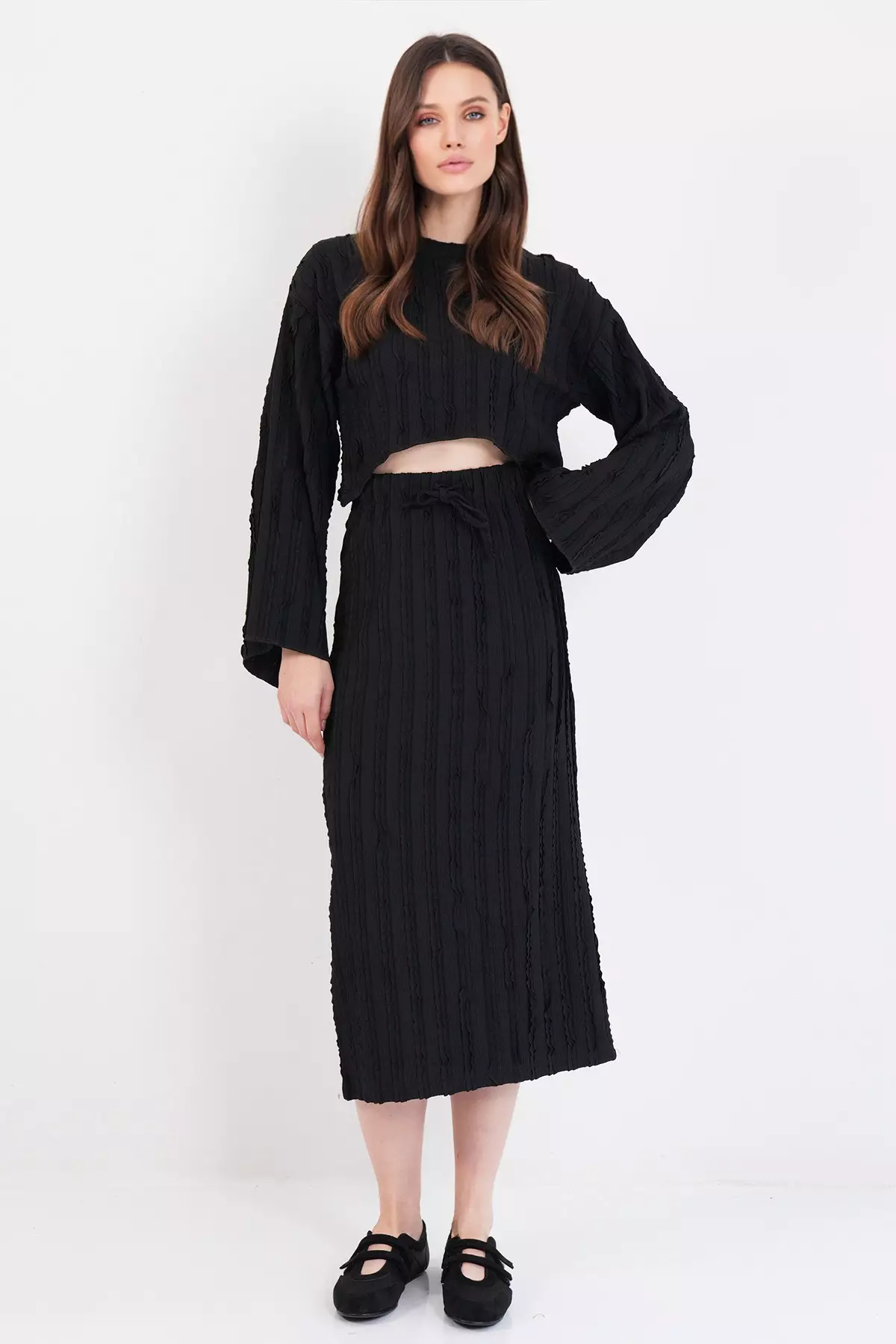 Black Asymmetrical Cut Blouse And Skirt Set With Stitching Detail Alc-X14808