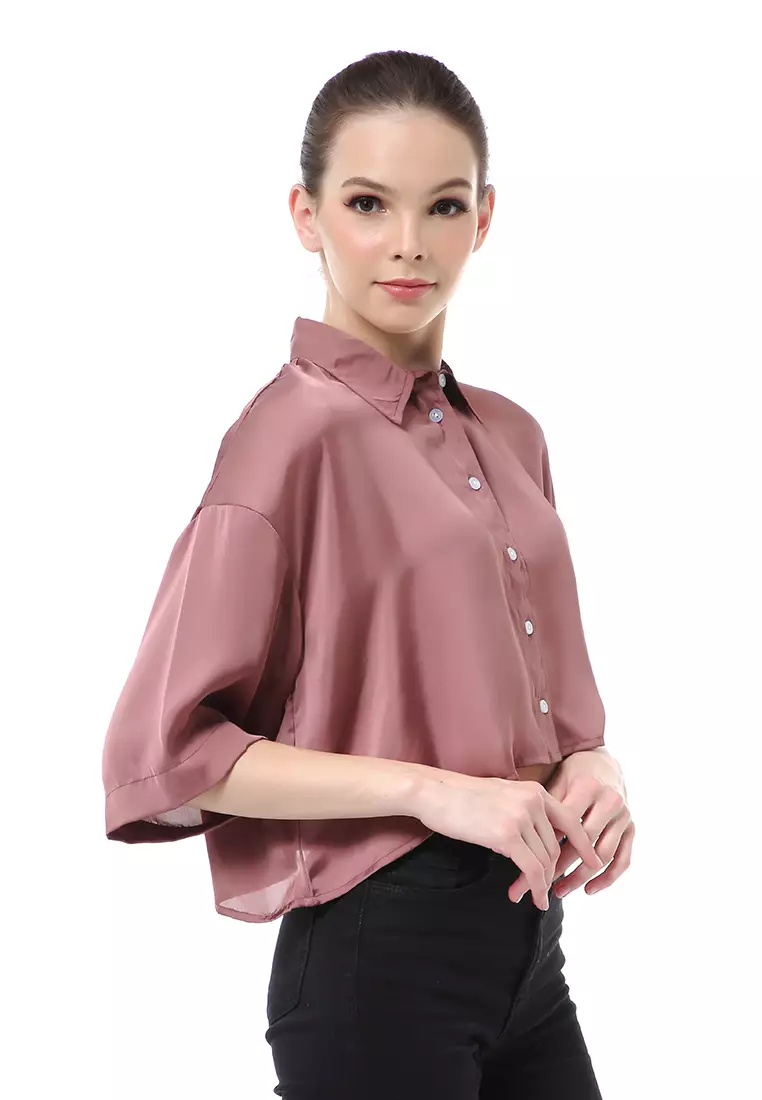 Brielle Atasan Wanita Kemeja Oversize Plain Motive Lengan Pendek Material Satin ORIGiNAL - Mauve