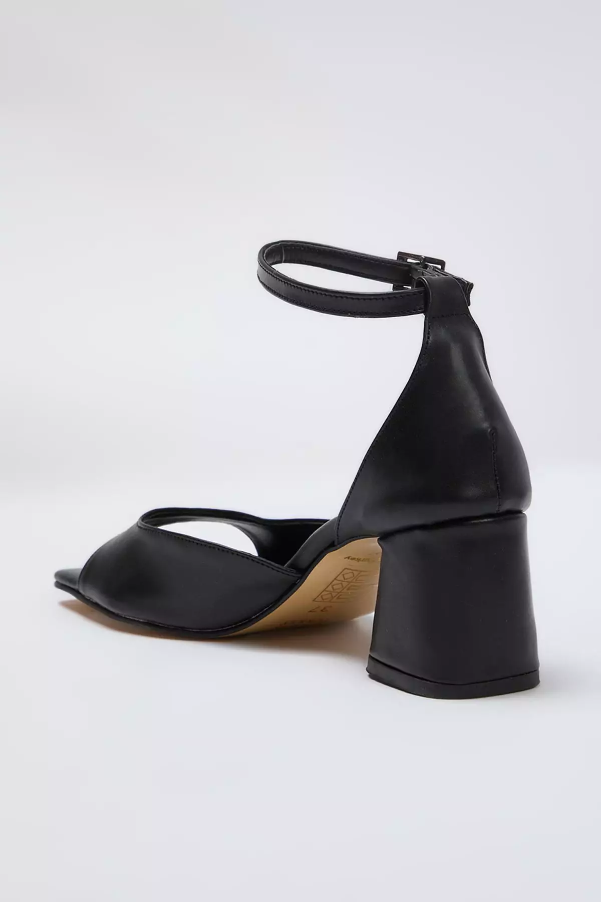 Black Ankle Strap Block Heel Square Toe Women's Heeled Shoes Takss25To00015