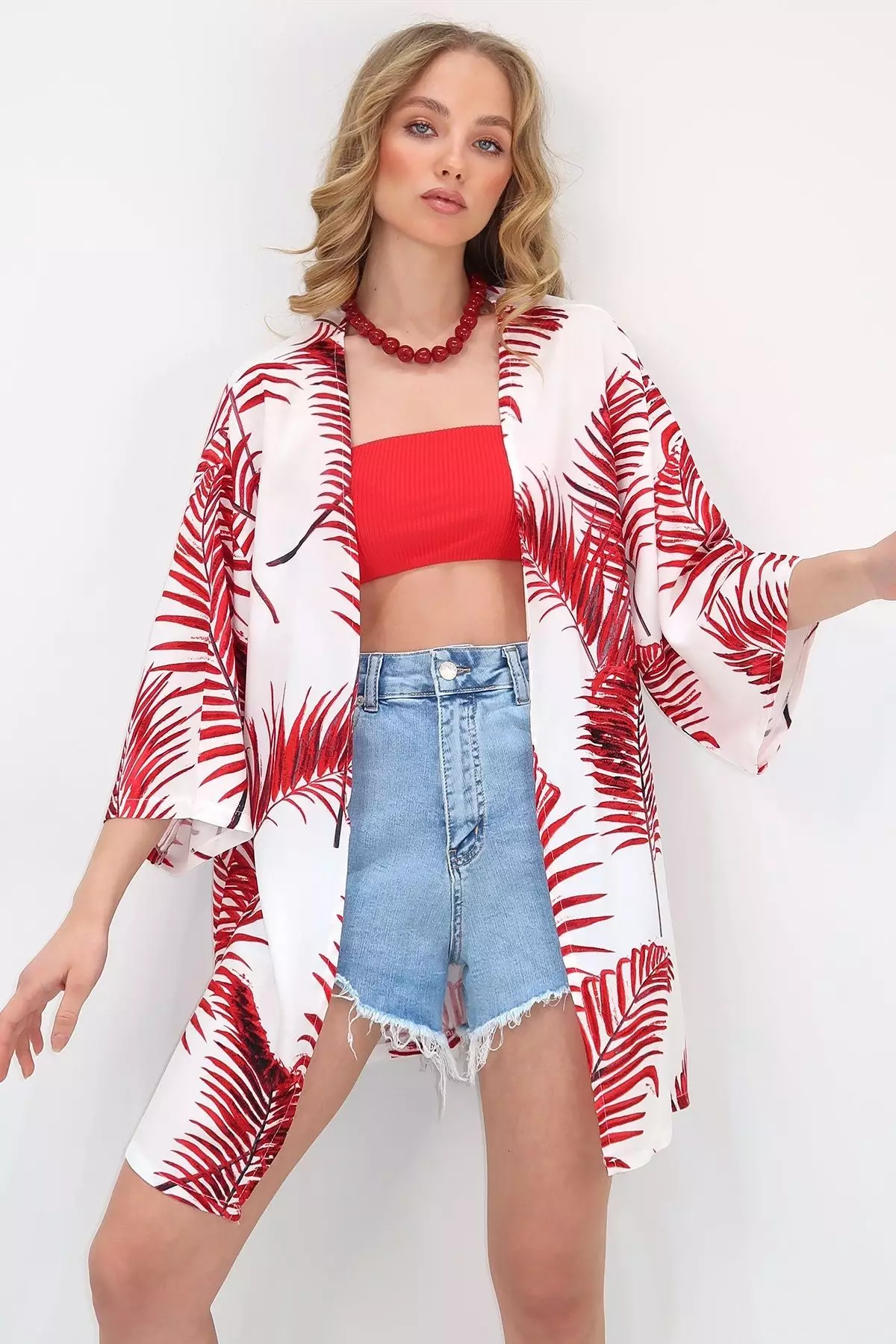 Women's Red Patterned Kimono Jacket