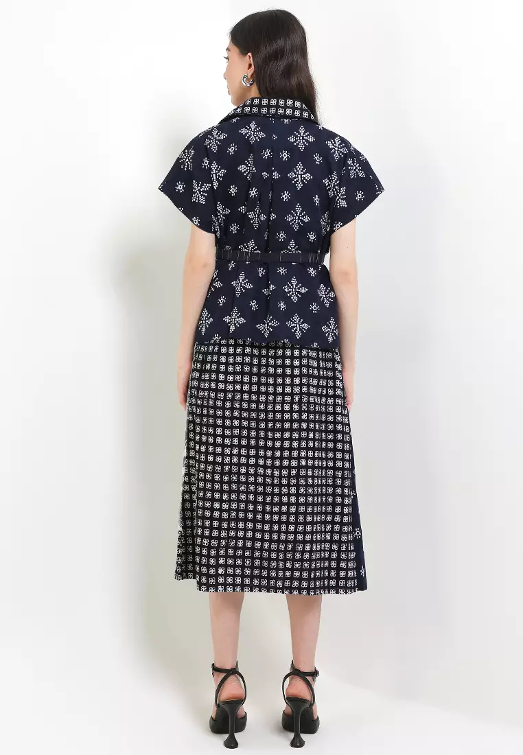 Setelan Outer Vest Cardigan Batik Cap Dobby Atasan Wanita dan Bawahan Rok Midi Spesial JFW Collection Binar Arula Navy