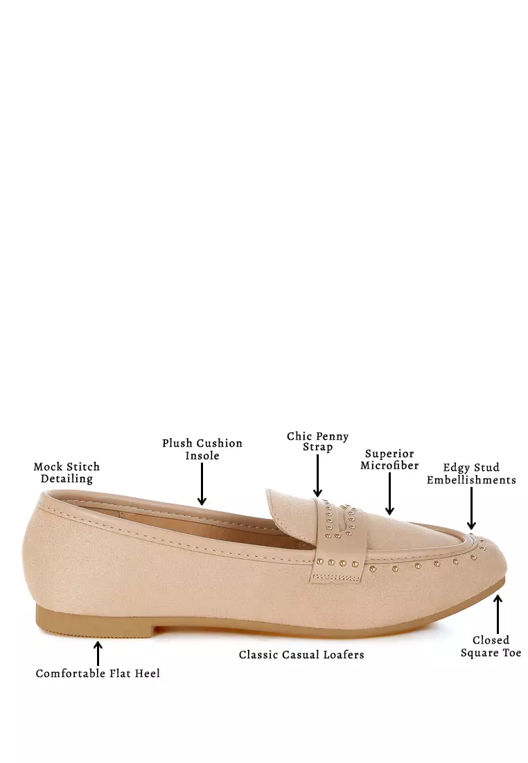 Penny Strap Studded Loafers In Beige