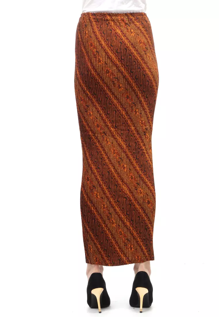 Rok Plisket Motif Batik Bawahan Wanita Design Casual - Parang Coklat Maroon